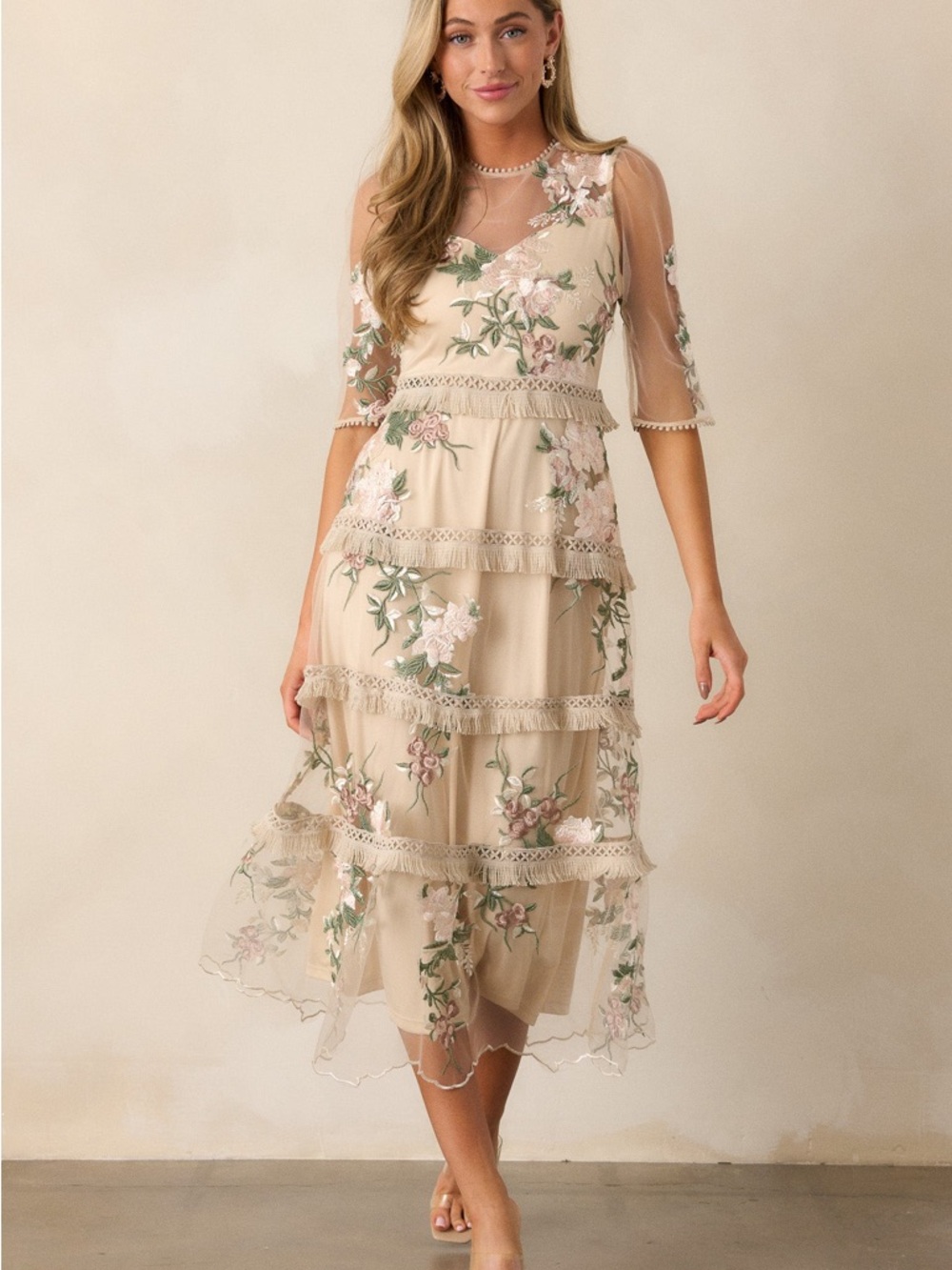 Red Dress Boutique Beige Midi Dress with Pink & Green Floral Embroidery